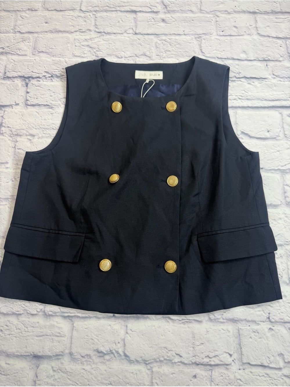 Zara Navy Double-Breasted Sleeveless Blazer Vest with Gold Buttons. Size Large.